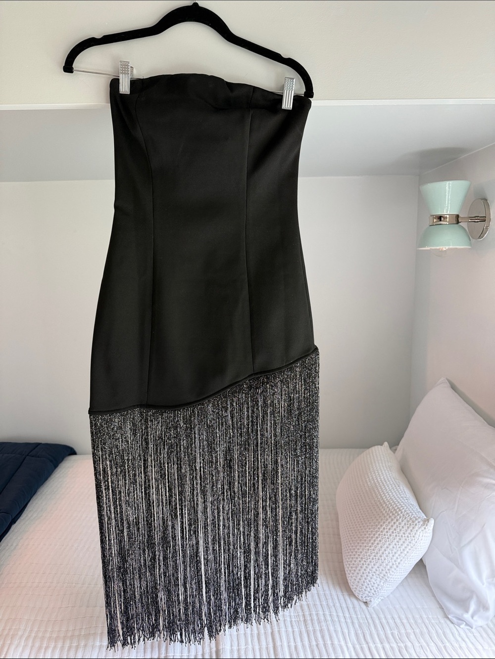 Strapless Black Fringe Evening Dress